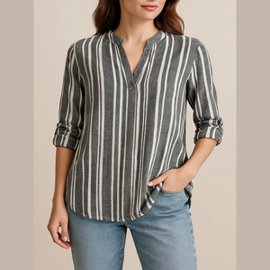 Ellen Tracy Gray and White Vertical Stripe Split-Neck Blouse